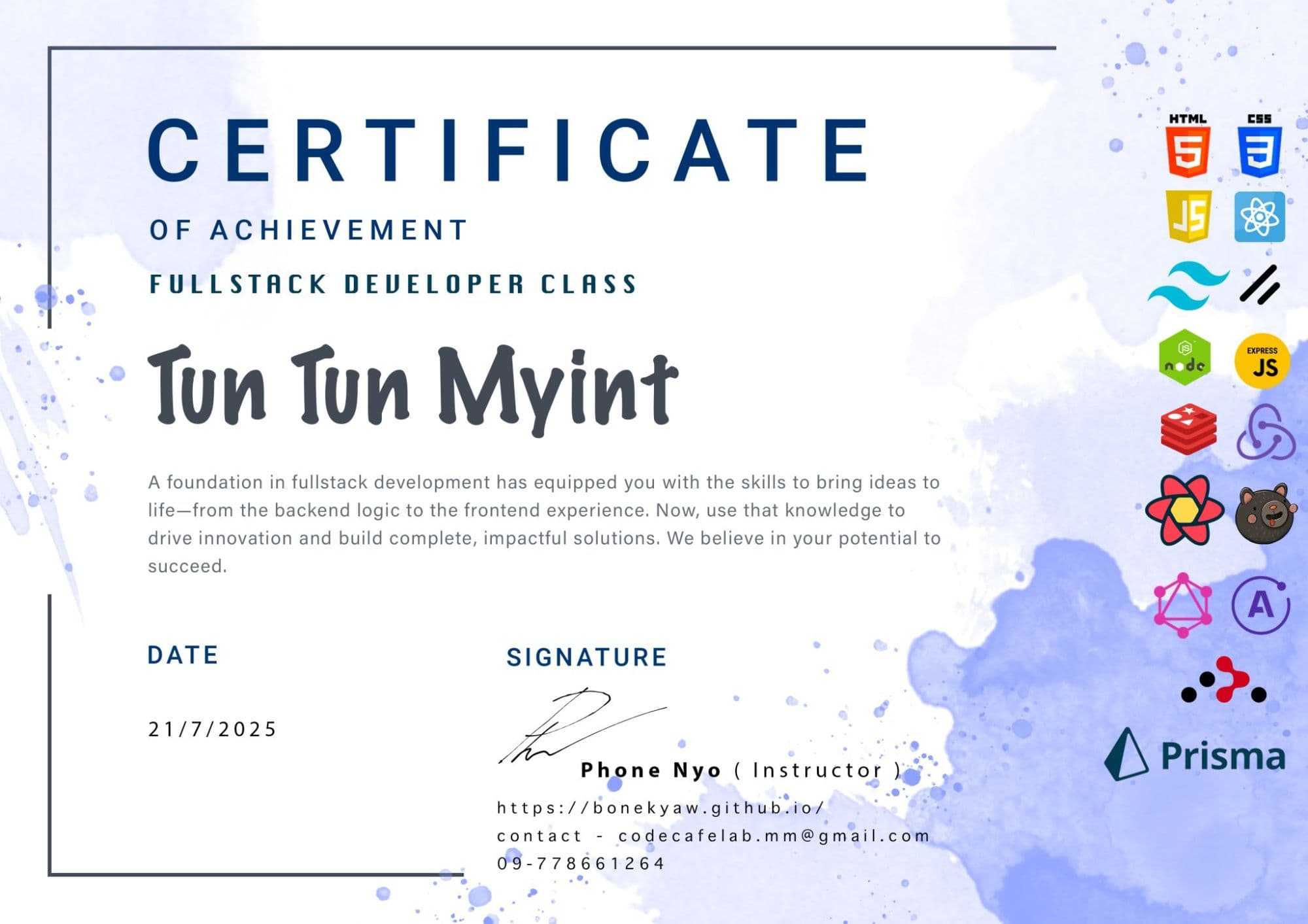 Fullstack Development Class certificate