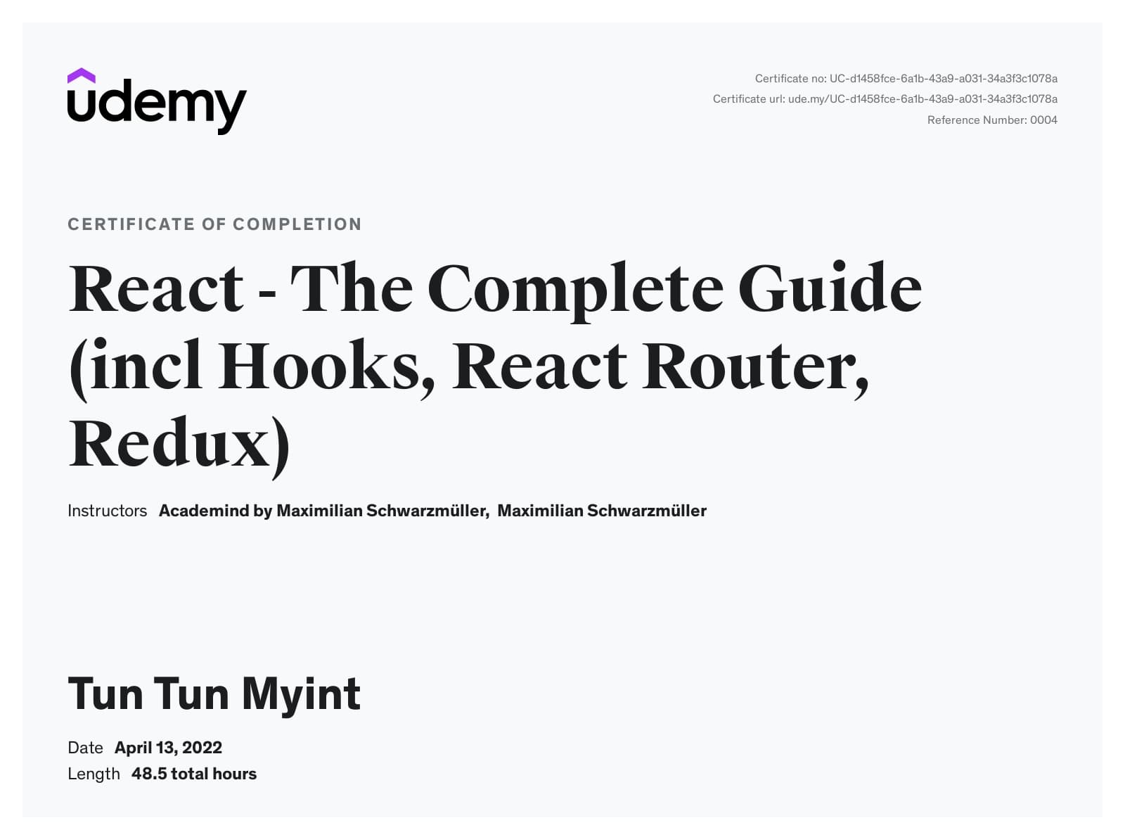 React: The Complete Guide certificate